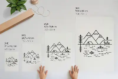 Poster con linea minimalista raffigurante montagne lago e animali