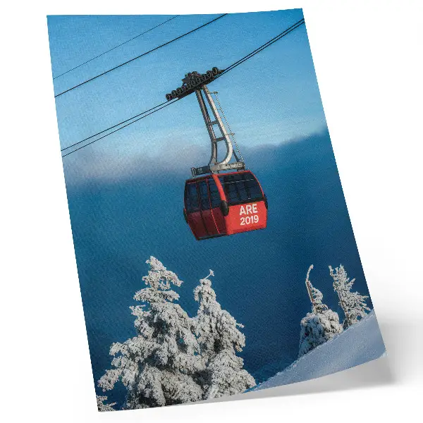 Foto su tela paesaggio invernale con gondola rossa e alberi bianchi