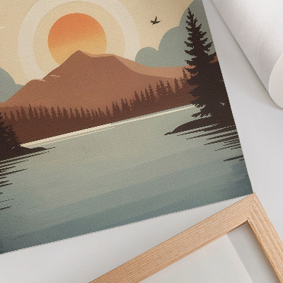 Stampa su tela Paesaggio lago montagna tramonto alberi turchese beige