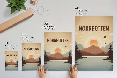 Stampa su tela Paesaggio lago montagna tramonto alberi turchese beige