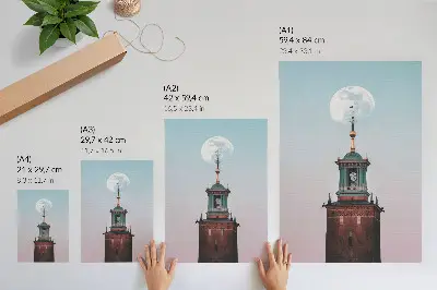 Poster torre luna con sfondo pastello calma