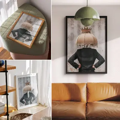 Stampa su tela con soggetto un paralume raffinato, un abito elegante e un contrasto di texture
