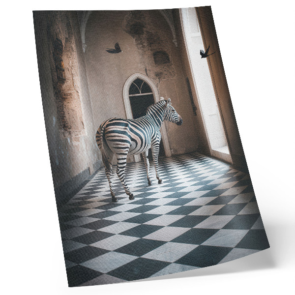 Stampa su tela Zebra sullo sfondo di un'architettura con uccelli in volo.