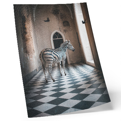 Stampa su tela Zebra sullo sfondo di un'architettura con uccelli in volo.