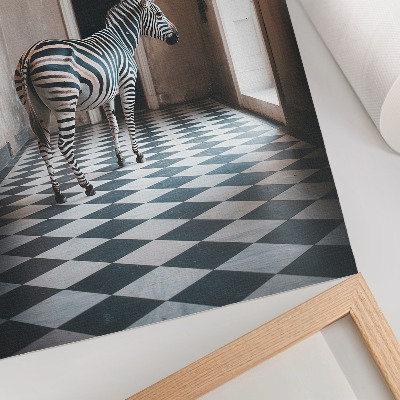 Stampa su tela Zebra sullo sfondo di un'architettura con uccelli in volo.