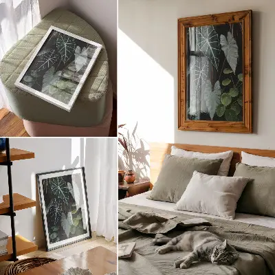 Poster foglie verdi su sfondo scuro in stile moderno