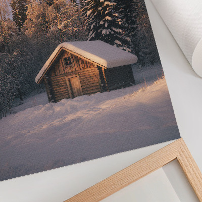 Poster Casetta di legno nella foresta invernale, pace, armonia e natura.