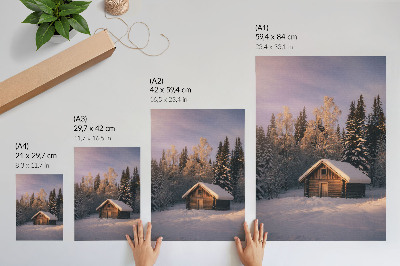 Poster Casetta di legno nella foresta invernale, pace, armonia e natura.