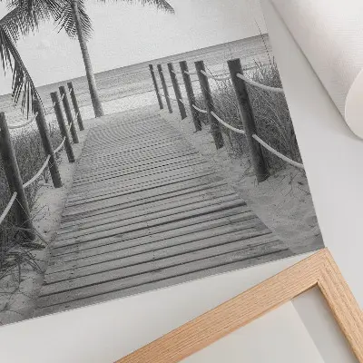 Foto su tela molo tropicale con palme, sabbia e orizzonte infinito
