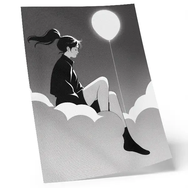Poster figura minimalista su una nuvola con un palloncino