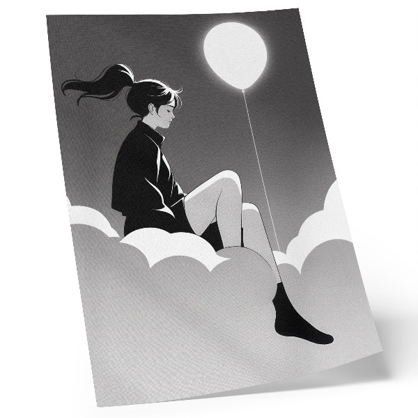 Poster Una figura su una nuvola con un palloncino in stile minimalista