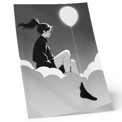 Poster Una figura su una nuvola con un palloncino in stile minimalista