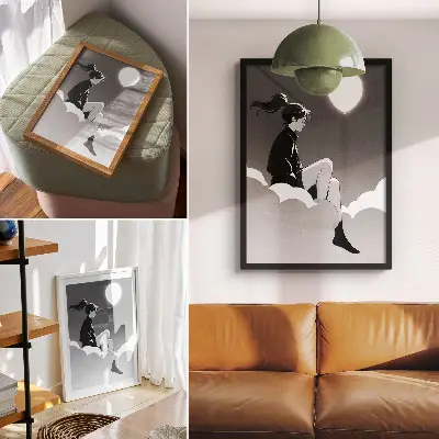 Poster figura minimalista su una nuvola con un palloncino