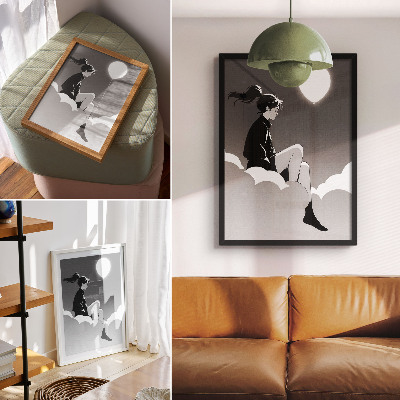 Poster Una figura su una nuvola con un palloncino in stile minimalista