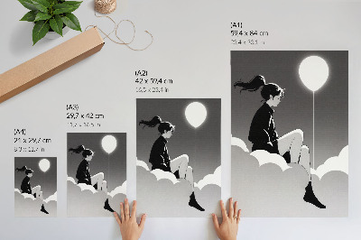 Poster Una figura su una nuvola con un palloncino in stile minimalista