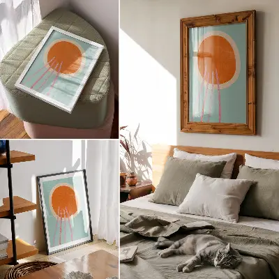 Poster con cerchio arancione su sfondo turchese e linee rosa