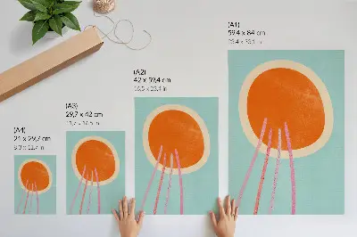 Poster con cerchio arancione su sfondo turchese e linee rosa