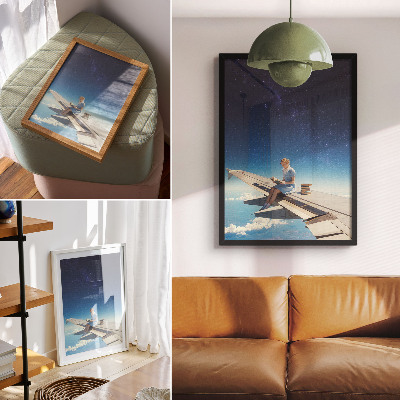 Foto su tela Libri dell'universo della ragazza sull'ala di un aereo