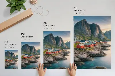 Stampa su tela incantevoli cottage con mare calmo e montagne maestose