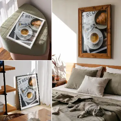 Stampa su tela con sfondo in bianco e nero, caffè e croissant per un'atmosfera elegante e rilassante