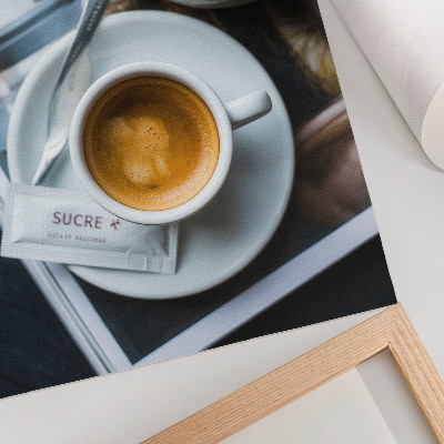 Stampa su tela Sfondo in bianco e nero, caffè, croissant, eleganza, relax