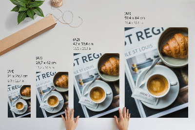 Stampa su tela Sfondo in bianco e nero, caffè, croissant, eleganza, relax