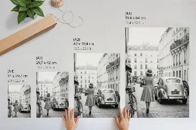 Poster fascino retrò di una donna in città con auto d'epoca
