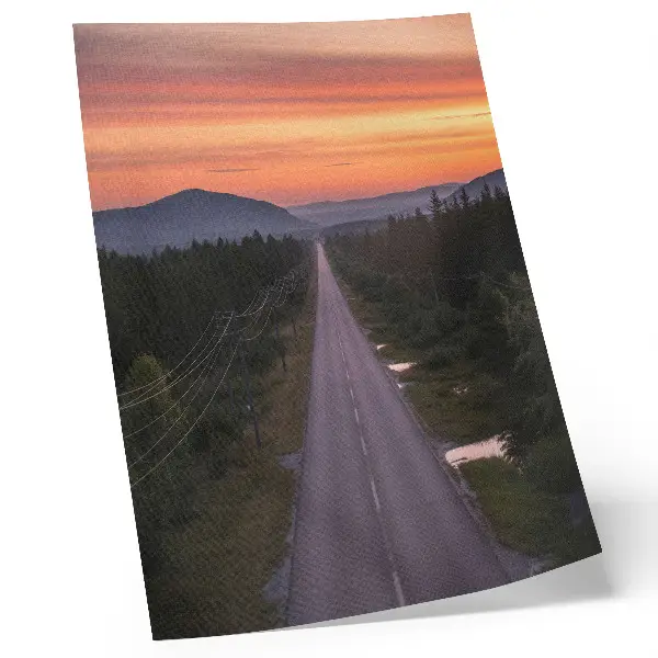 Stampa su tela strada rettilinea che attraversa la foresta al tramonto con colori pastello