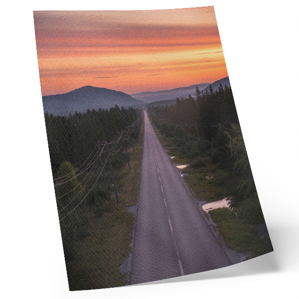 Stampa su tela Una strada rettilinea che attraversa la foresta in un tramonto dai colori pastello.