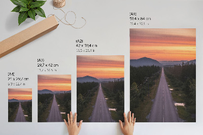 Stampa su tela Una strada rettilinea che attraversa la foresta in un tramonto dai colori pastello.