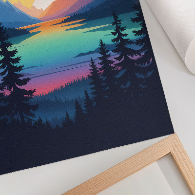 Foto su tela Montagne colorate al tramonto e lago