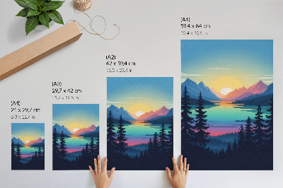 Foto su tela Montagne colorate al tramonto e lago