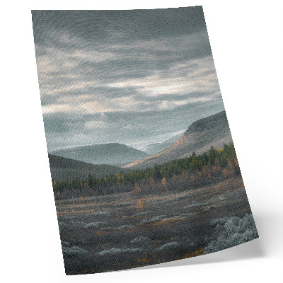 Poster Montagne nuvolose, alberi verdi, valle tranquilla