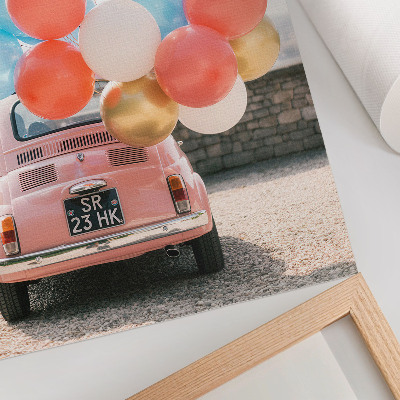 Stampa su tela Macchina rosa con palloncini sullo sfondo retrò