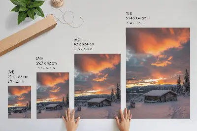 Poster rifugio invernale con cielo arancione