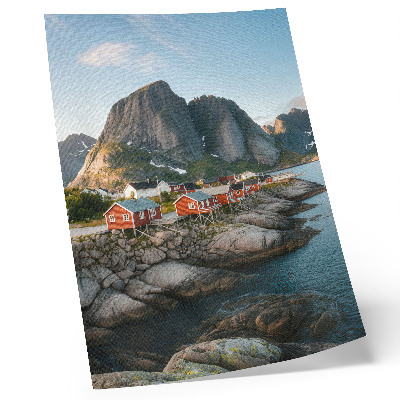 Stampa su tela Case rosse, fiordo, montagne, tramonto