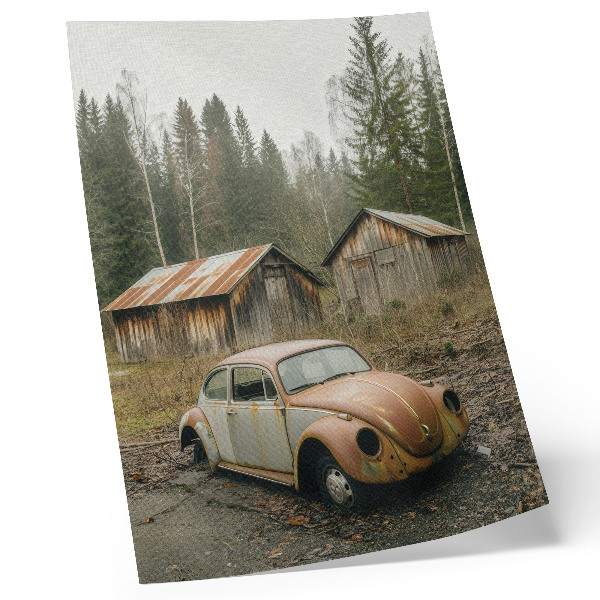 Foto su tela Auto arrugginita, capannone di legno, foresta verde