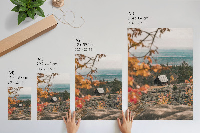 Poster Una casa su una roccia tra gli alberi, autunno, natura tranquilla