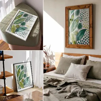 Stampa su tela con foglie verdi e puntini in stile boho per una freschezza naturale