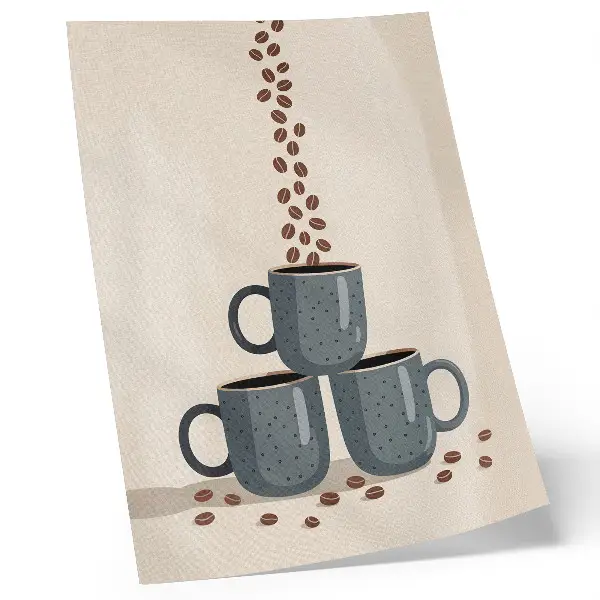 Poster tazze grigie su sfondo color crema con chicchi di caffè