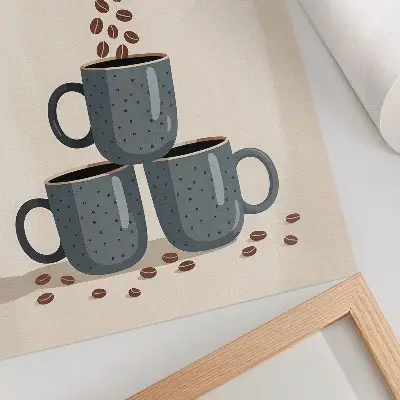 Poster tazze grigie su sfondo color crema con chicchi di caffè
