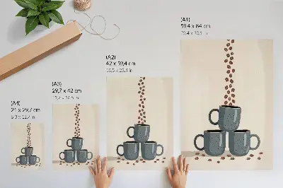 Poster tazze grigie su sfondo color crema con chicchi di caffè