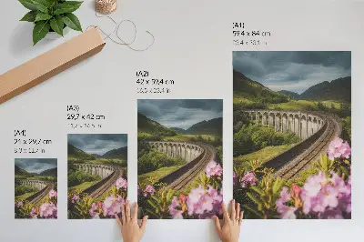 Foto su tela viadotto in pietra tra colline verdi e fiori pastello