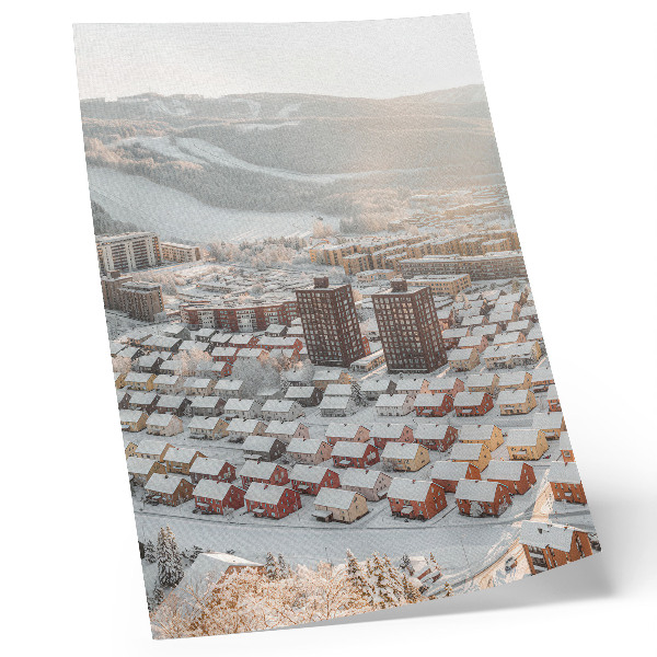 Poster Paesaggio invernale con case coperte di neve