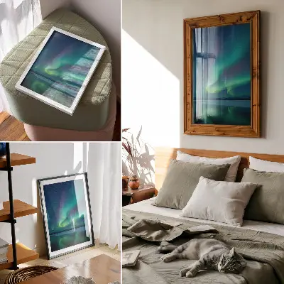 Poster con l'aurora boreale sullo sfondo di una splendida natura notturna