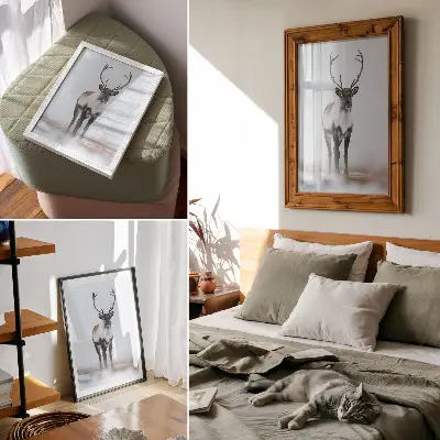 Foto su tela renne in un paesaggio invernale con tonalità calde dal design moderno