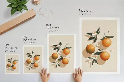 Stampa su tela con arance succose, foglie verdi e fiori bianchi