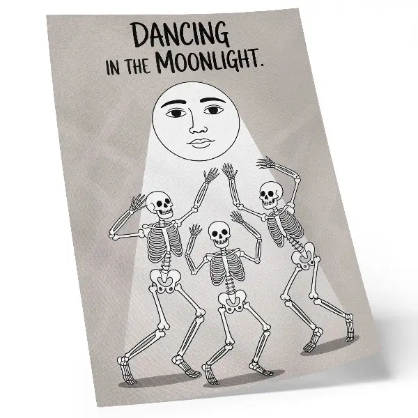 Poster scheletri in bianco e nero su sfondo lunare beige
