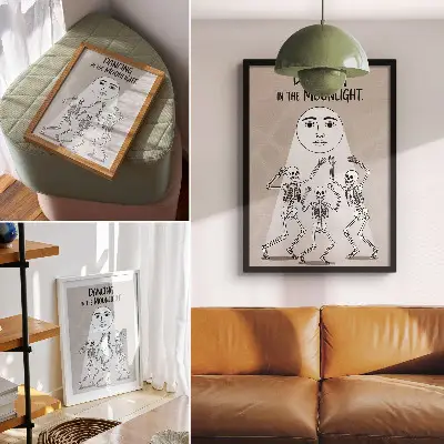 Poster scheletri in bianco e nero su sfondo lunare beige