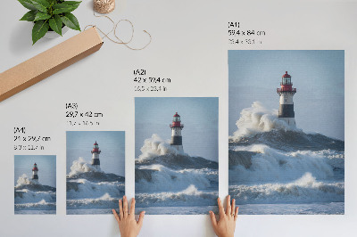 Poster Onde che si infrangono sul faro, forte contrasto, la potenza della natura